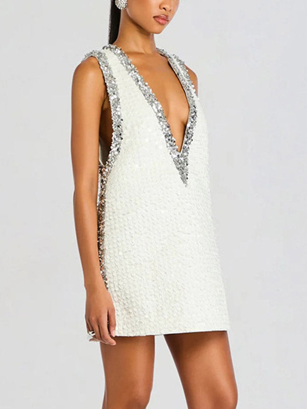 Party Dress Mini Gold V-Neck Sequins Sleeveless Sexy Semi Formal Dress