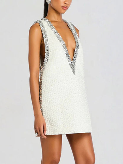 Party Dress Mini Gold V-Neck Sequins Sleeveless Sexy Semi Formal Dress