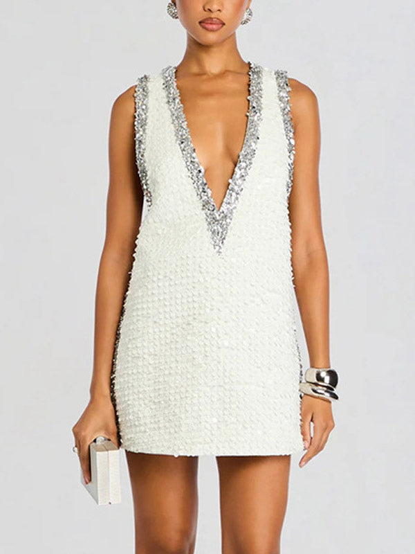 Party Dress Mini Gold V-Neck Sequins Sleeveless Sexy Semi Formal Dress