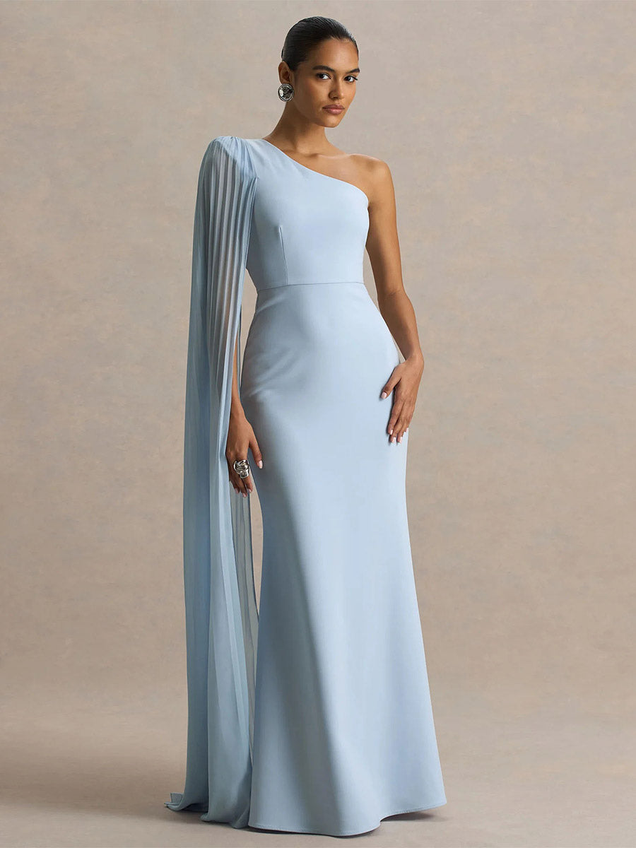 Date Night Dresses Maxi Split Front Sleeveless One-Shoulder Casual Blue Dress