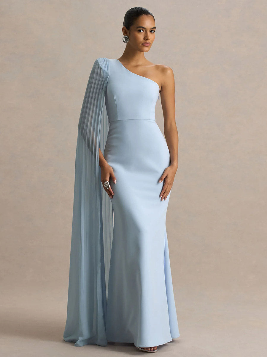 Date Night Dresses Maxi Split Front Sleeveless One-Shoulder Casual Blue Dress