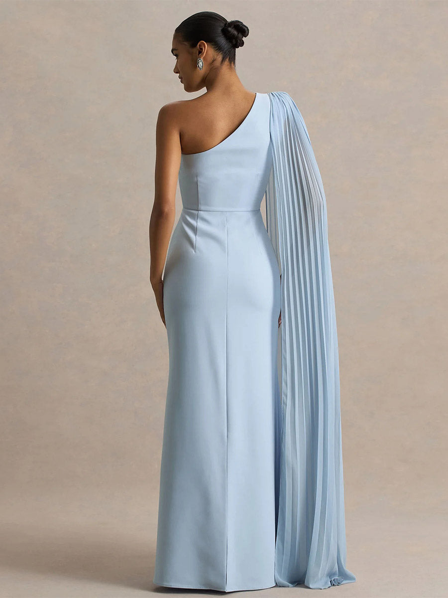 Date Night Dresses Maxi Split Front Sleeveless One-Shoulder Casual Blue Dress