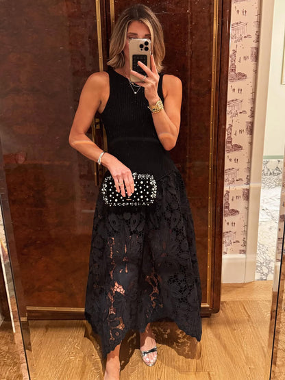 Date Night Dresses Midi Cut Out Sleeveless Jewel Neck Sexy Black Dress