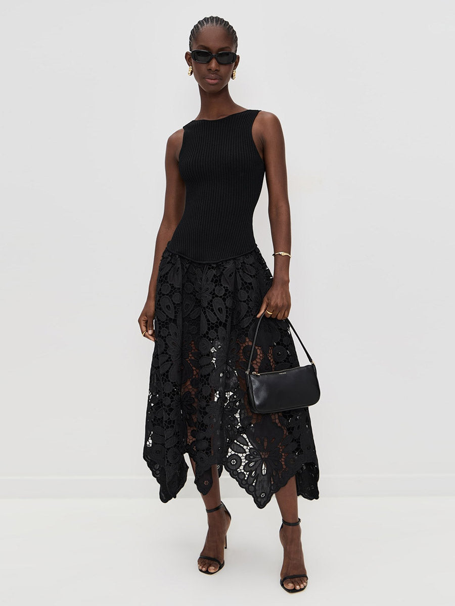 Date Night Dresses Midi Cut Out Sleeveless Jewel Neck Sexy Black Dress