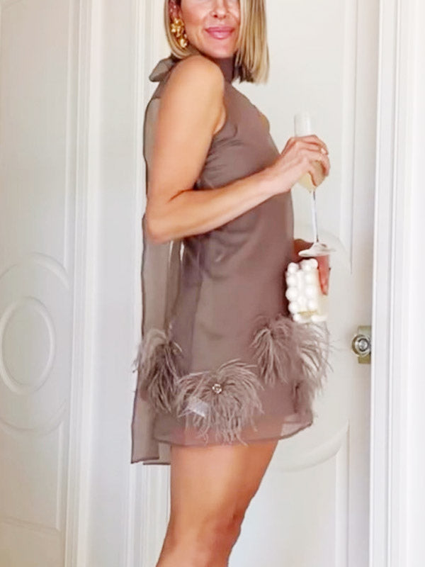Mini Dresses Light Brown Sleeveless Lace Up Chiffon Short Dress For Women Mini Dresses