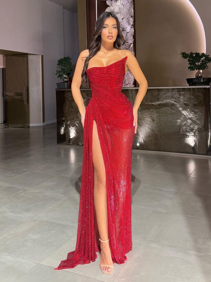 Party Dress Maxi Red Straps Neck Split Front Sleeveless Sexy Semi Formal Dress