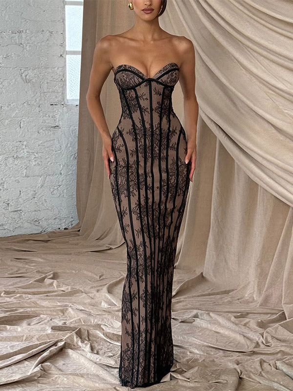 Date Night Dresses Bodycon Maxi Lace Sleeveless Backless Strapless Sexy Burgundy Dress