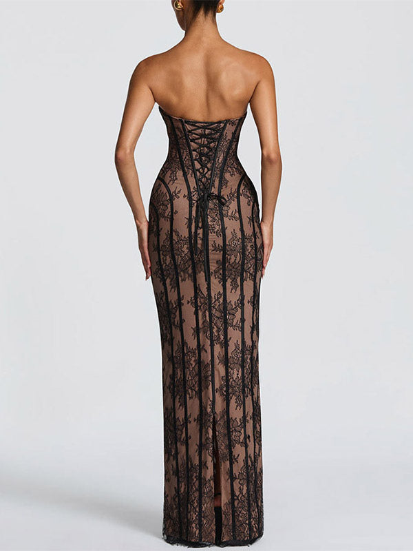 Date Night Dresses Bodycon Maxi Lace Sleeveless Backless Strapless Sexy Burgundy Dress