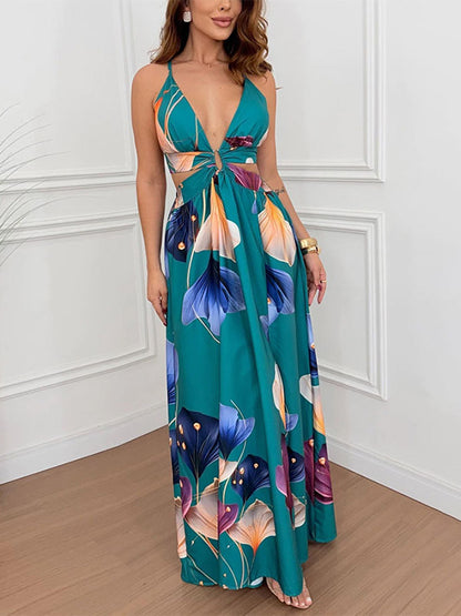 Vacation Dresses Maxi Cut Out Sleeveless V-Neck Sexy Cyan Blue Bohemian Dress