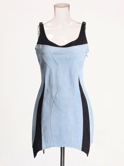 Daily Dresses Mini Daily Sleeveless U-Neck Raised Waist Blue Dress