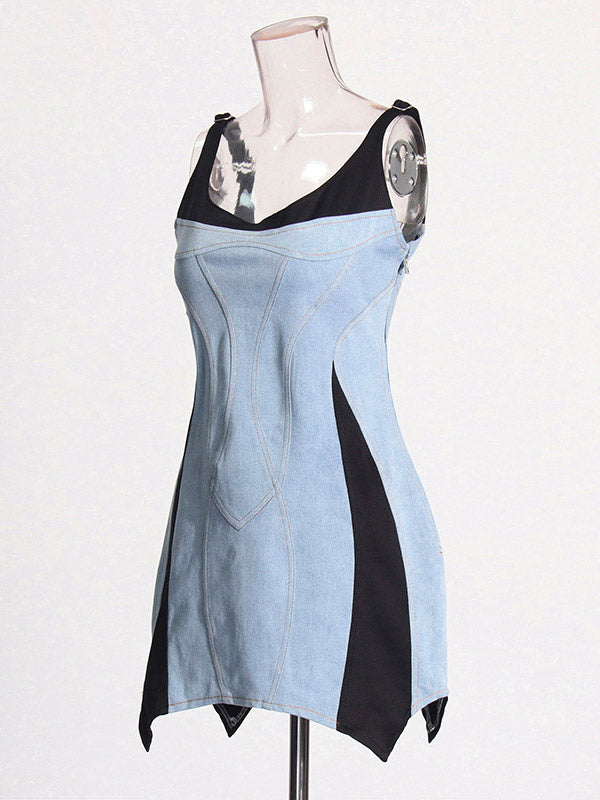 Daily Dresses Mini Daily Sleeveless U-Neck Raised Waist Blue Dress