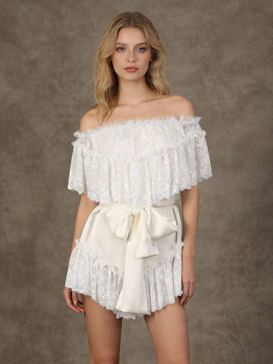 Daily Dresses Woman's Mini White Lace Off-The-Shoulder Raised Waist Dress