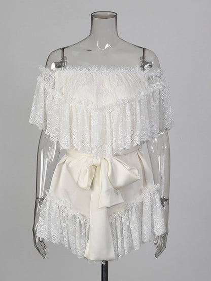 Daily Dresses Woman's Mini White Lace Off-The-Shoulder Raised Waist Dress