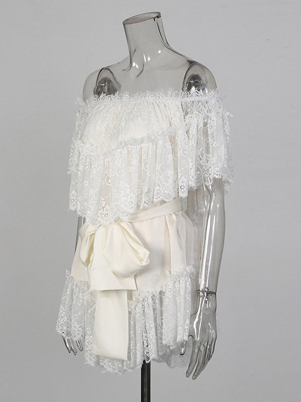 Daily Dresses Woman's Mini White Lace Off-The-Shoulder Raised Waist Dress