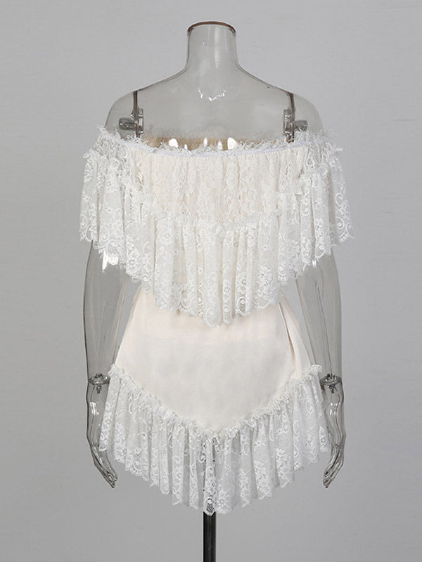Daily Dresses Woman's Mini White Lace Off-The-Shoulder Raised Waist Dress