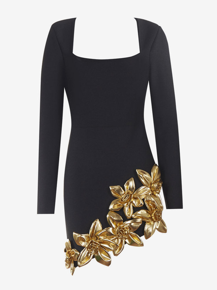 Party Dress Mini Black U-Neck Flowers Long Sleeves Sexy Semi Formal Dress