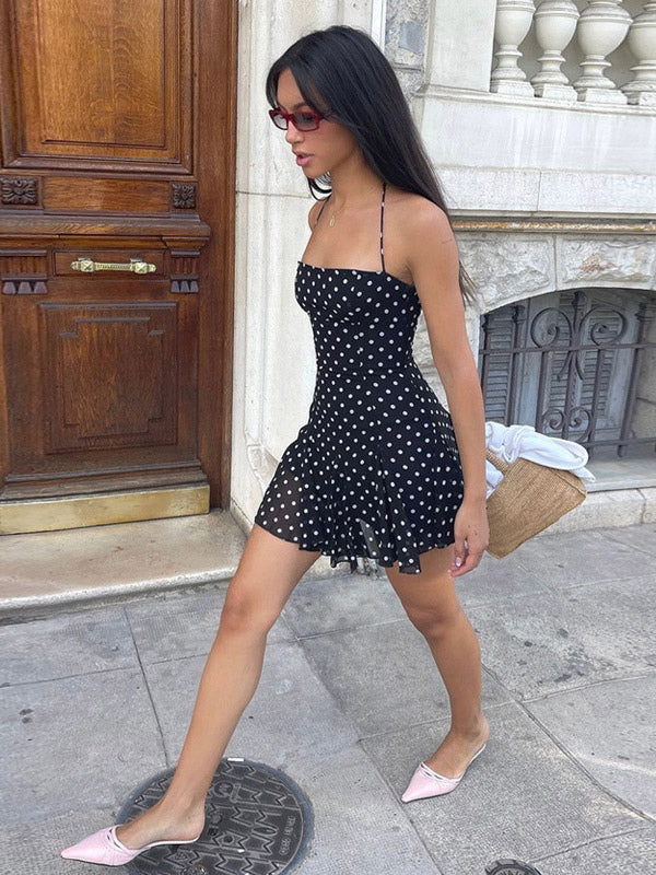 Mini Dresses For Woman Sleeveless Halter High Rise Waist Chic Black Backless Dress