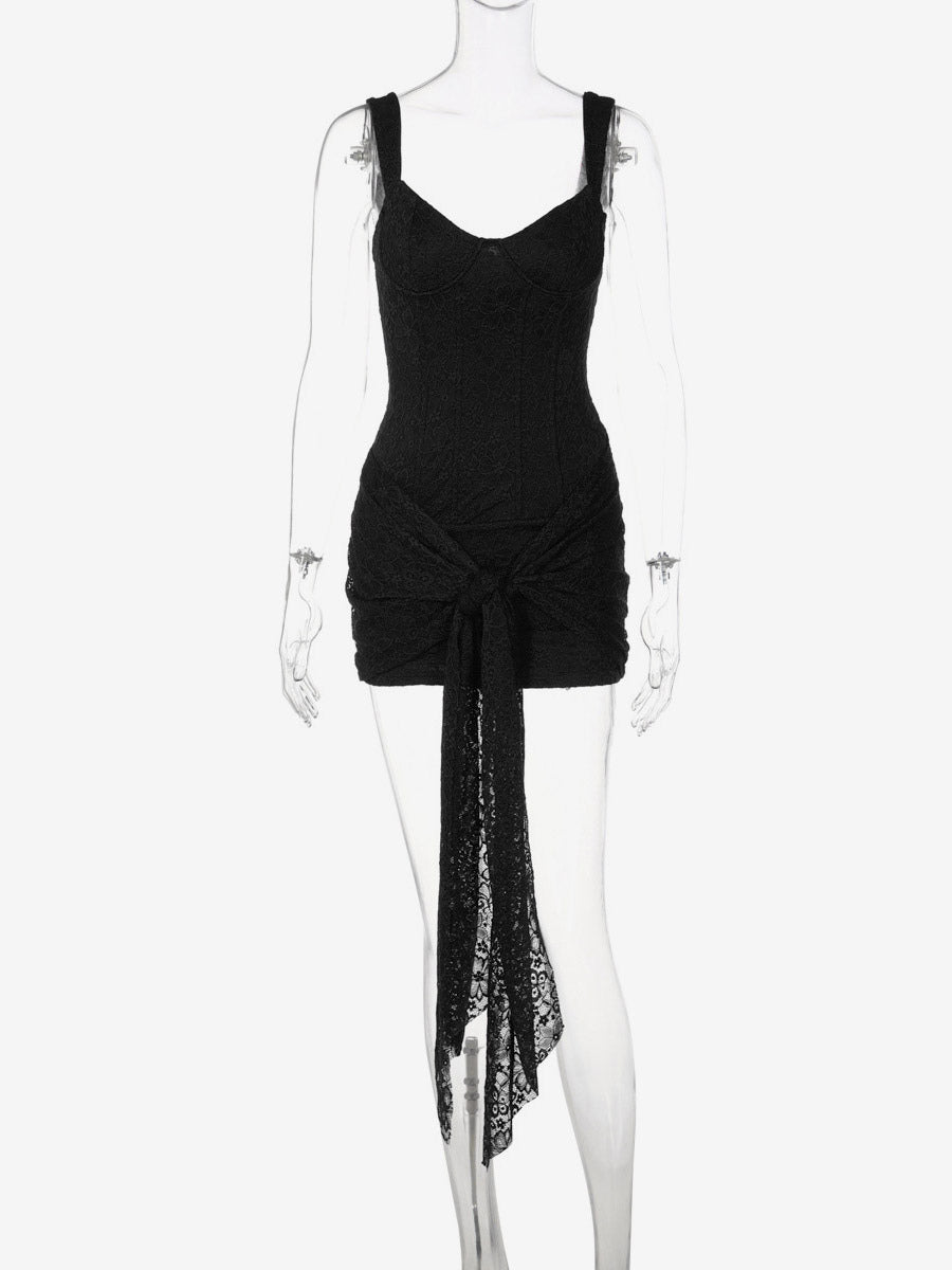 Party Dress Mini Black Straps Neck Lace Sleeveless Backless Casual Semi Formal Dress