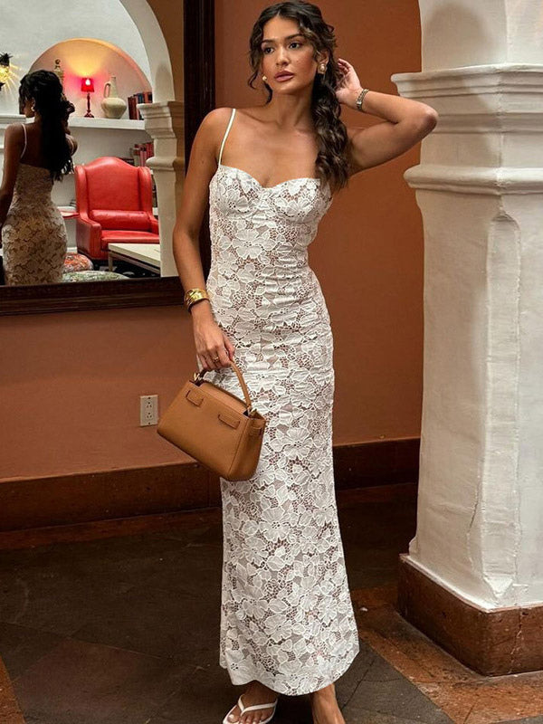 Party Maxi Dresses White Straps Neck Lace Sleeveless Backless Chic Semi Formal Dress