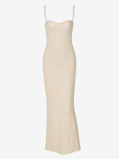 Party Maxi Dresses White Straps Neck Lace Sleeveless Backless Chic Semi Formal Dress