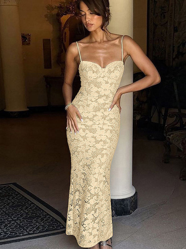 Party Maxi Dresses White Straps Neck Lace Sleeveless Backless Chic Semi Formal Dress