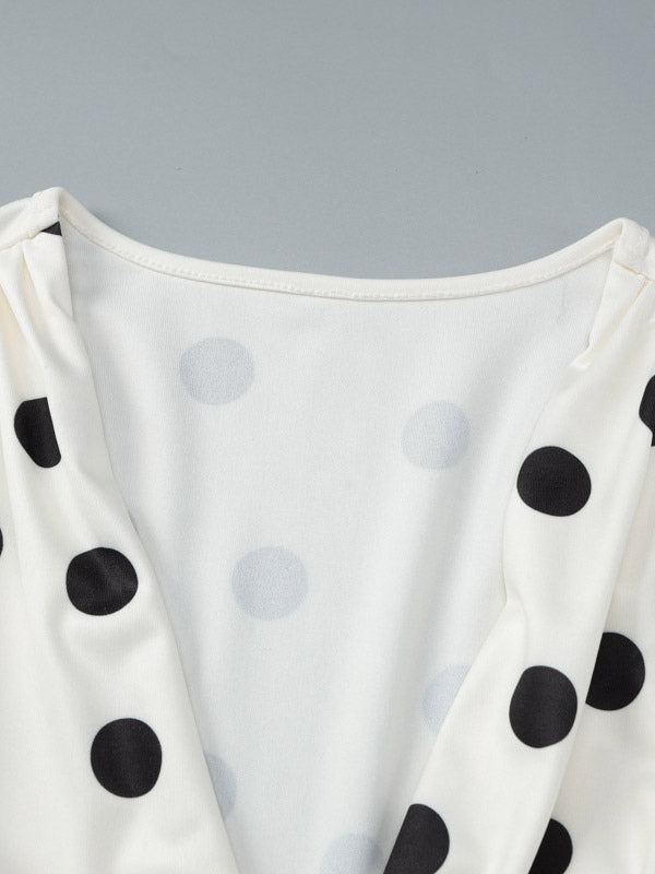 Date Night Dresses Summer Long Sleeves Polka Dot V-Neck Puff Sleeves Casual White Mini Dress