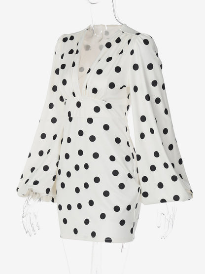 Date Night Dresses Summer Long Sleeves Polka Dot V-Neck Puff Sleeves Casual White Mini Dress