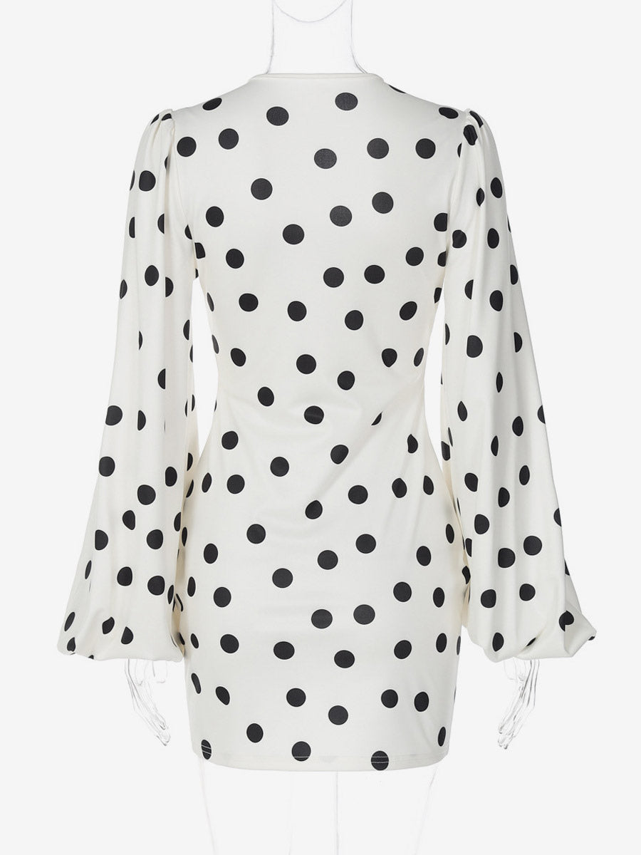 Date Night Dresses Summer Long Sleeves Polka Dot V-Neck Puff Sleeves Casual White Mini Dress