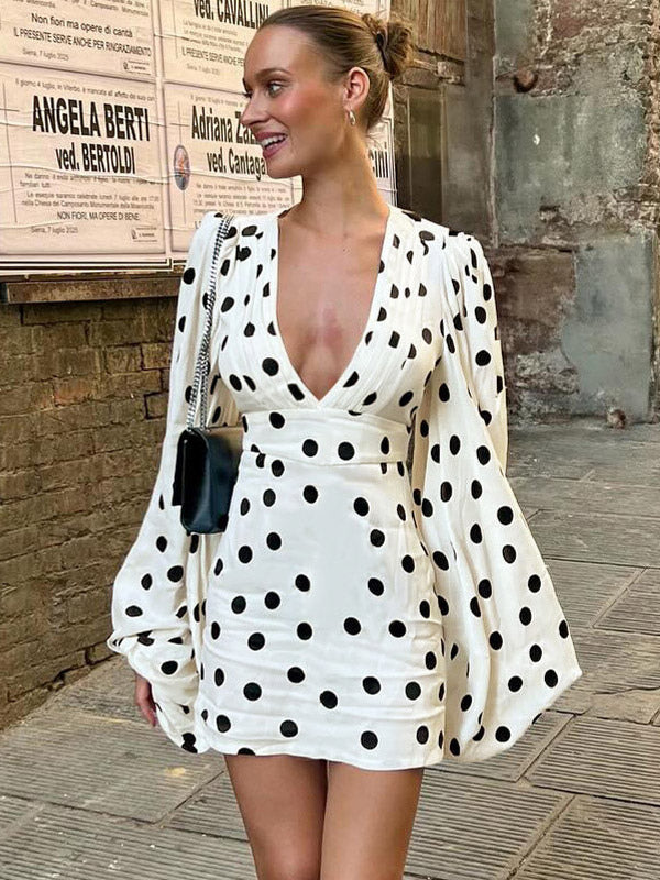 Date Night Dresses Summer Long Sleeves Polka Dot V-Neck Puff Sleeves Casual White Mini Dress