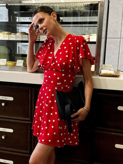 Daily Dresses For Woman Summer Mini Red Pleated Short Sleeves V-Neck Wrap Waist Polka Dot Dress