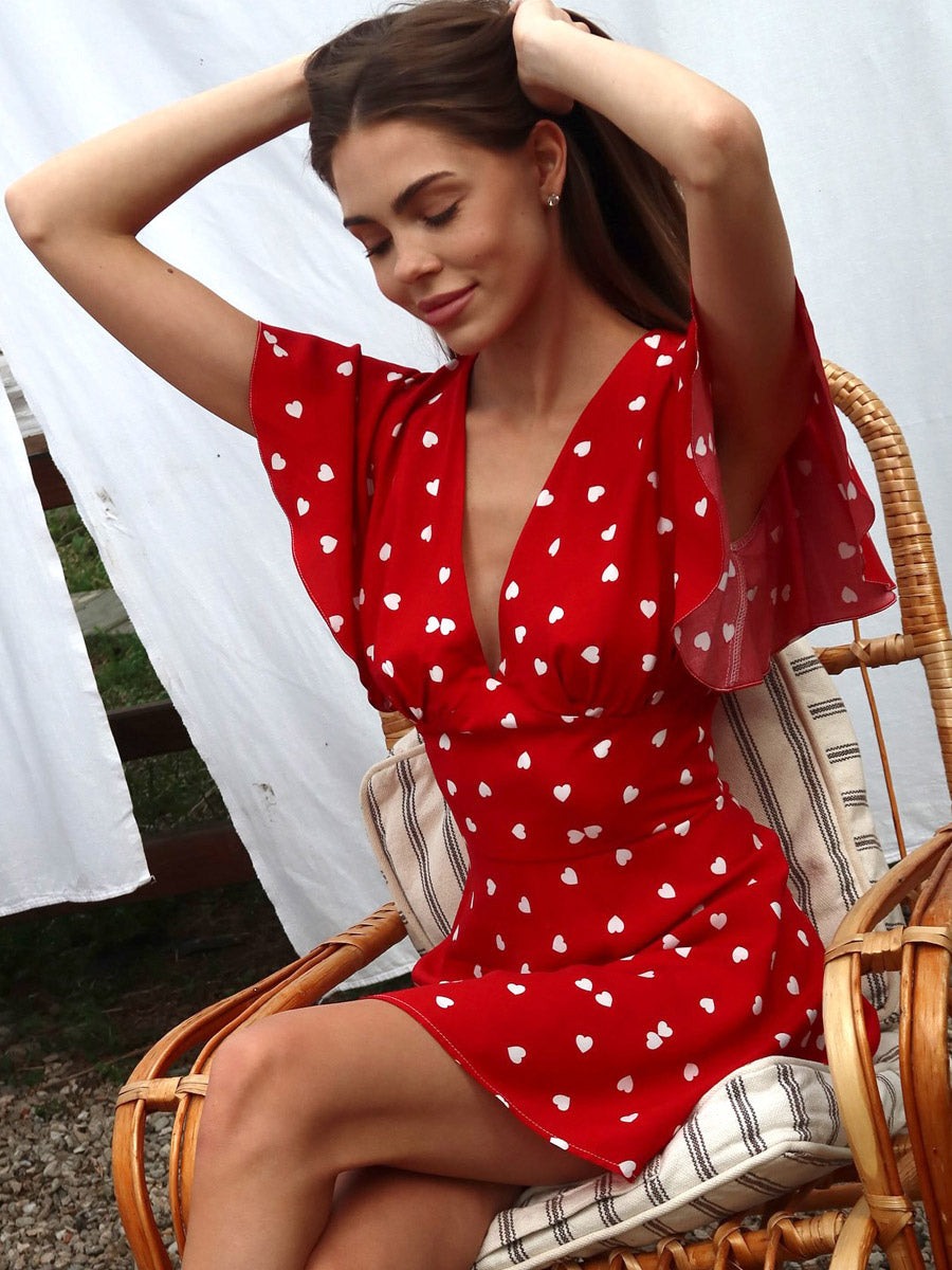 Daily Dresses For Woman Summer Mini Red Pleated Short Sleeves V-Neck Wrap Waist Polka Dot Dress