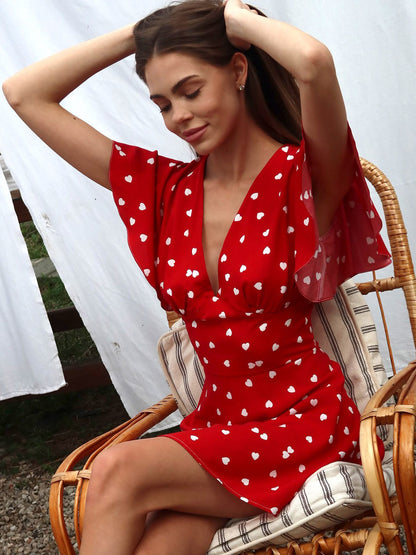 Daily Dresses For Woman Summer Mini Red Pleated Short Sleeves V-Neck Wrap Waist Polka Dot Dress