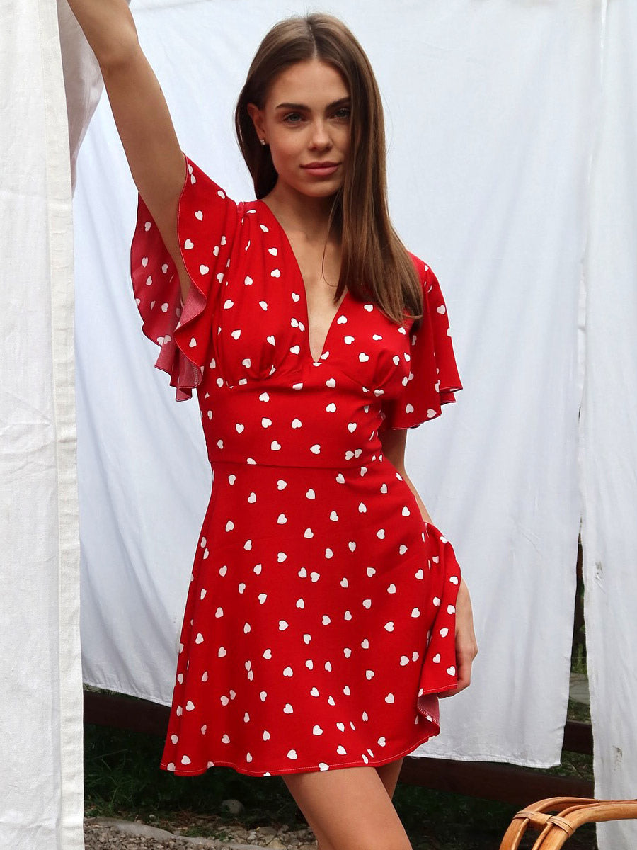 Daily Dresses For Woman Summer Mini Red Pleated Short Sleeves V-Neck Wrap Waist Polka Dot Dress