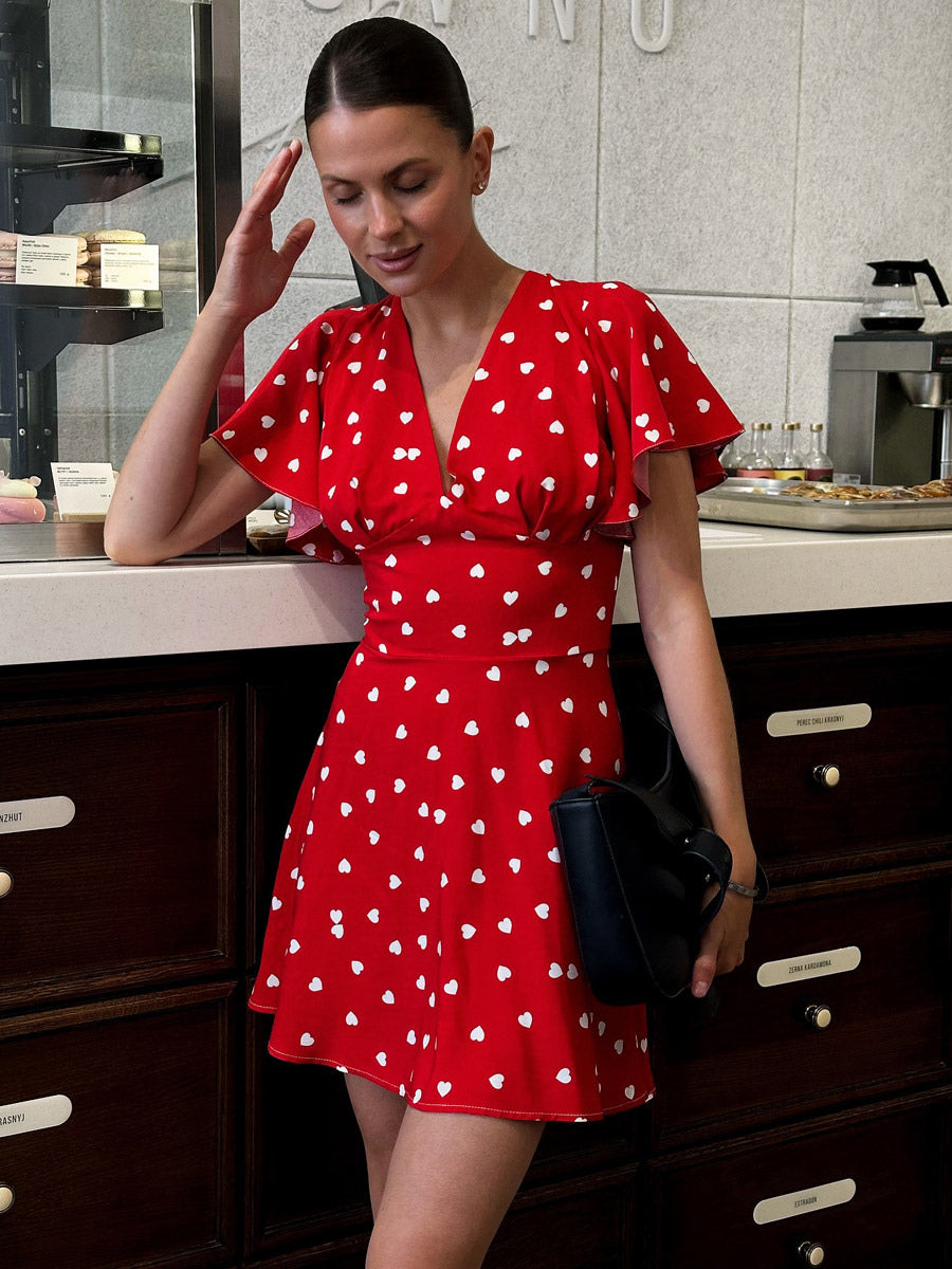 Daily Dresses For Woman Summer Mini Red Pleated Short Sleeves V-Neck Wrap Waist Polka Dot Dress