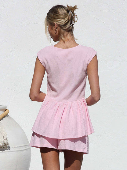 Two Piece Sets Pink V-Neck Short Sleeves Top Pants Summer Sets