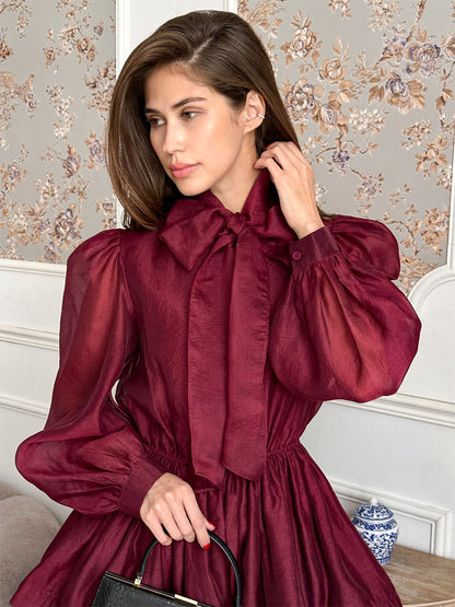 Daily Dresses For Women Mini Burgundy Pleated Long Sleeves Stand Collar Wrap Waist Gown
