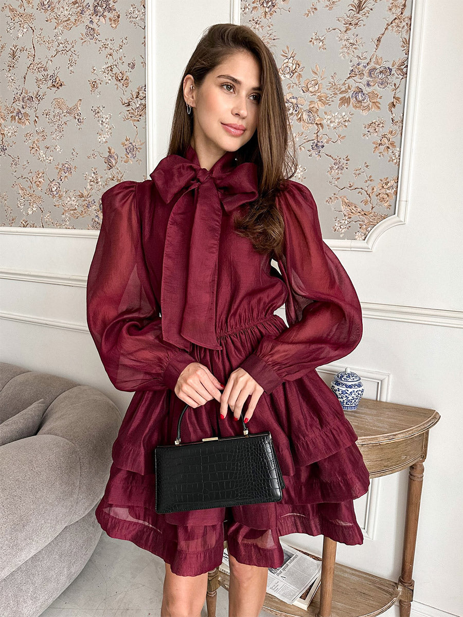 Daily Dresses For Women Mini Burgundy Pleated Long Sleeves Stand Collar Wrap Waist Gown