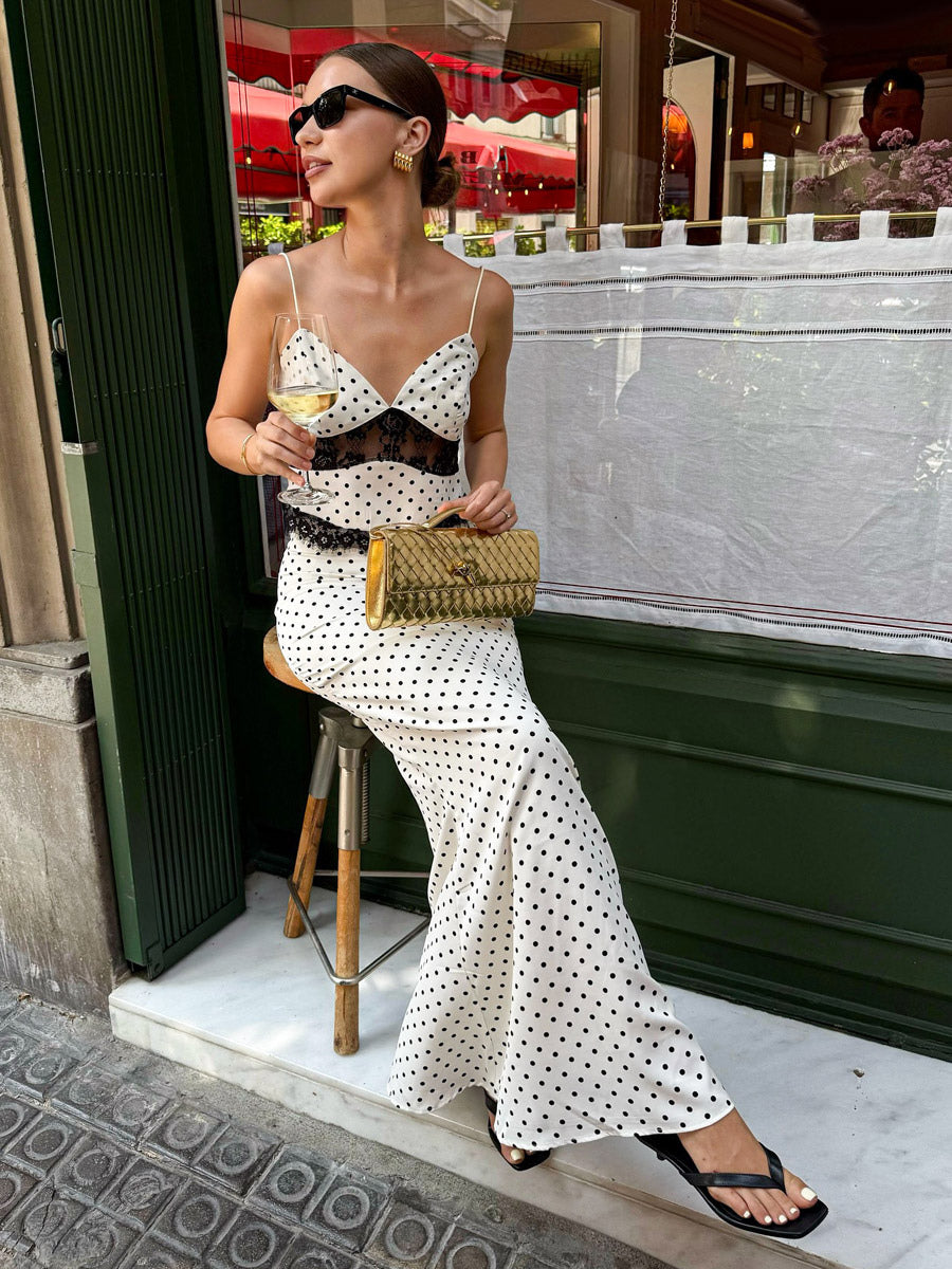 Two Piece Sets White Casual Polka Dot Lace Dating Straps Neck Sleeveless Summer Sets