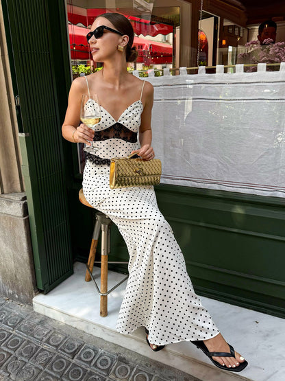 Two Piece Sets White Casual Polka Dot Lace Dating Straps Neck Sleeveless Summer Sets