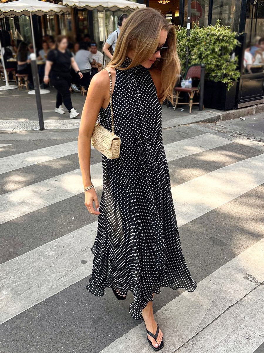 Daily Dresses Woman's Maxi Black Sleeveless Backless Halter Polka Dot Summer Dress