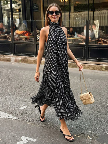 Daily Dresses Woman's Maxi Black Sleeveless Backless Halter Polka Dot Summer Dress