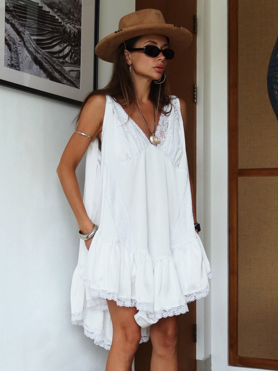 Daily Dresses Mini Women's Sleeveless Backless V-Neck Chic White Summer Dress
