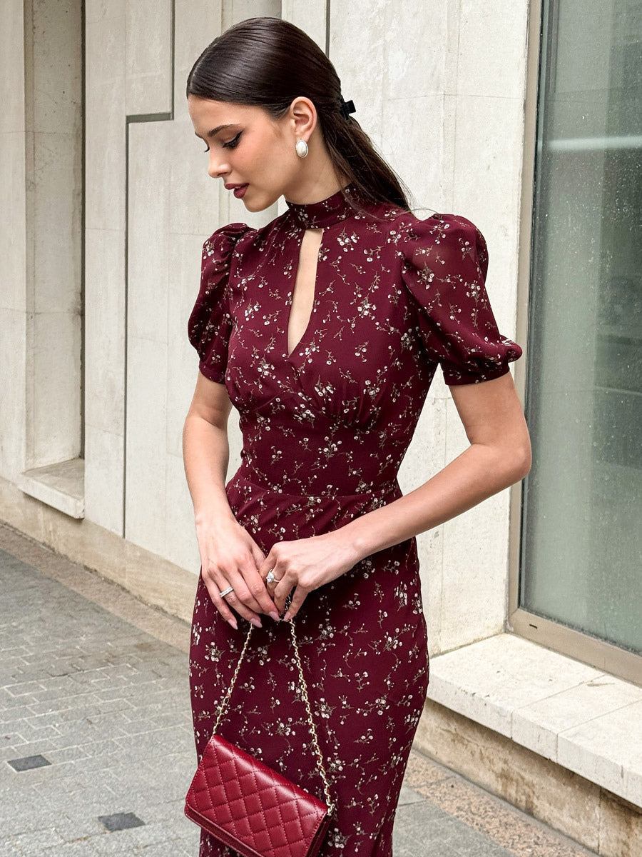 Night Out Dresses Maxi Burgundy Short Puff Sleeves High Collar Summer Dress