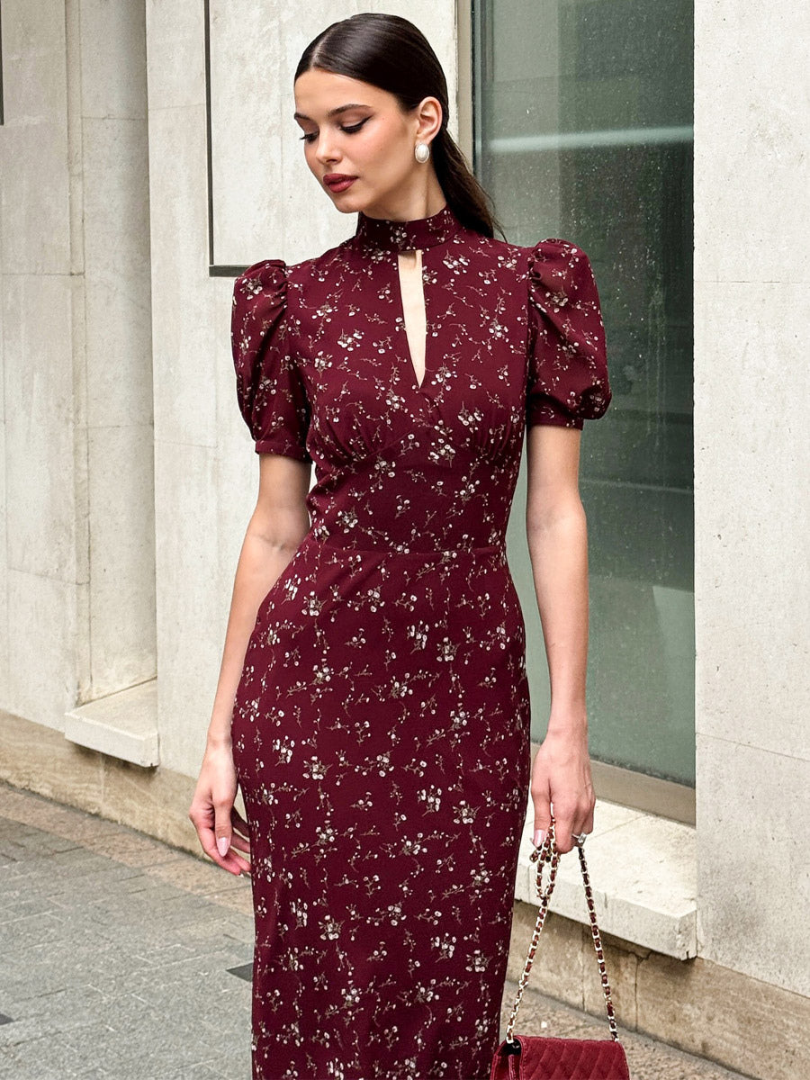Night Out Dresses Maxi Burgundy Short Puff Sleeves High Collar Summer Dress
