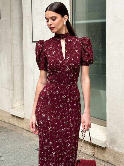 Night Out Dresses Maxi Burgundy Short Puff Sleeves High Collar Summer Dress