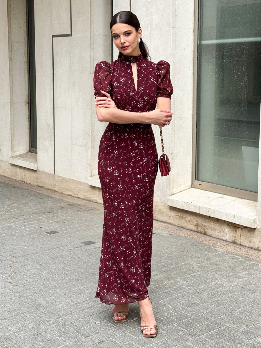 Night Out Dresses Maxi Burgundy Short Puff Sleeves High Collar Summer Dress