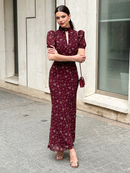 Night Out Dresses Maxi Burgundy Short Puff Sleeves High Collar Summer Dress