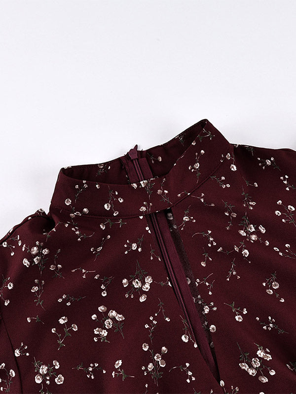 Night Out Dresses Maxi Burgundy Short Puff Sleeves High Collar Summer Dress