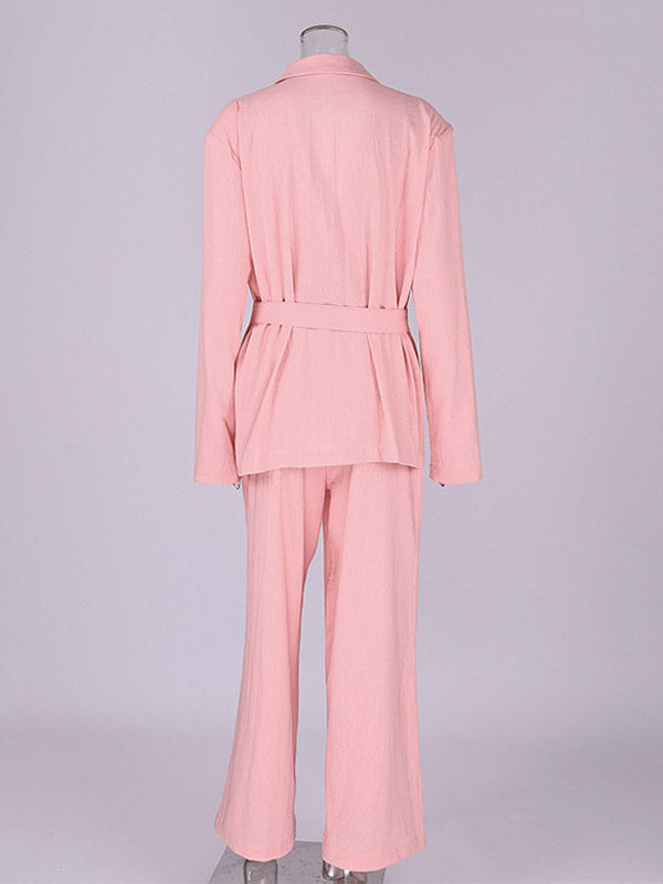 Two Piece Sets Pant Set Pink Chic Sash Cotton Turndown Collar Long Sleeves Top Pant Suits