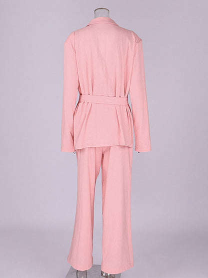 Two Piece Sets Pant Set Pink Chic Sash Cotton Turndown Collar Long Sleeves Top Pant Suits